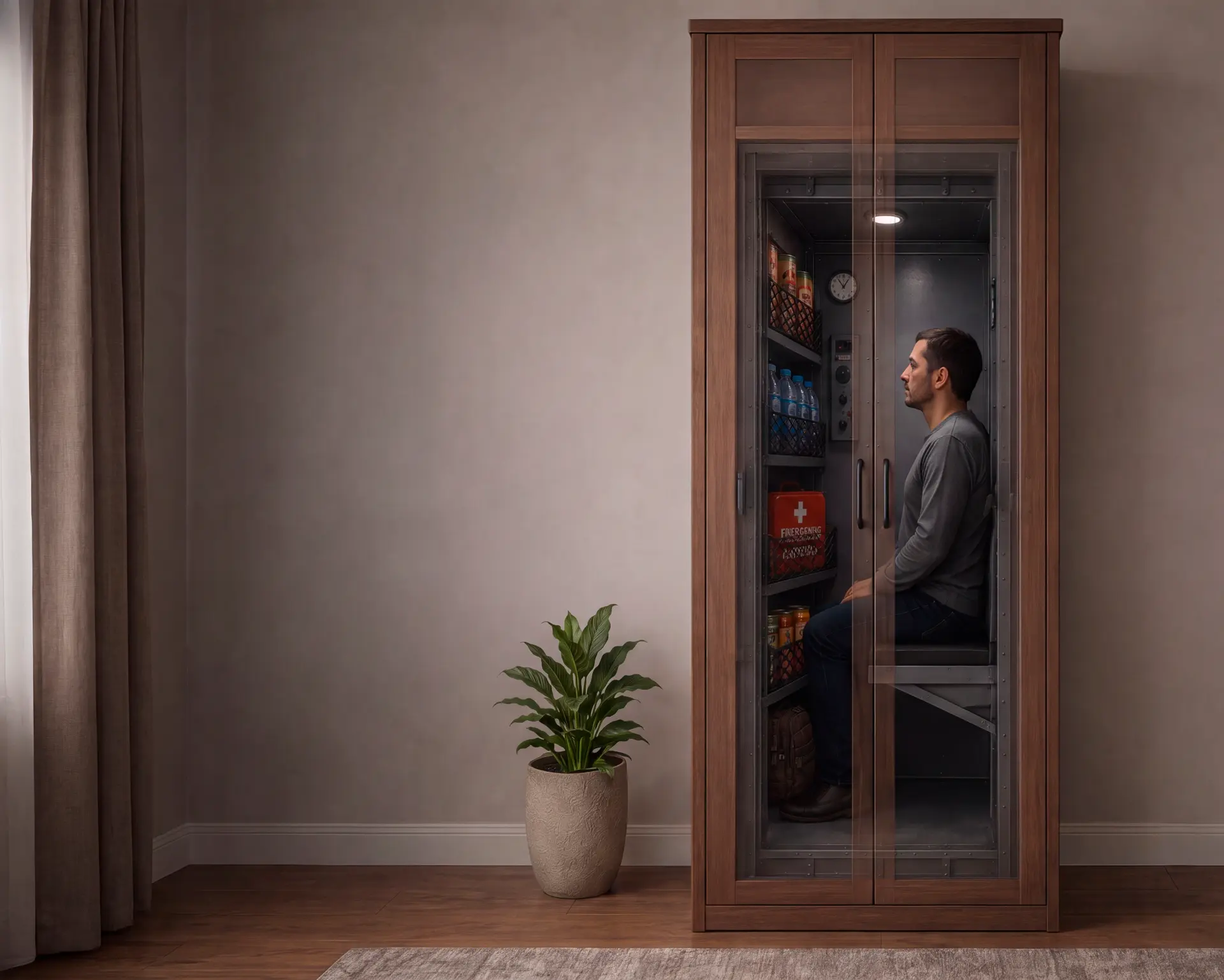 Mueble de protección MONROE con acabado en madera integrado a un dormitorio, con una persona resguardada en su interior